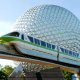 The Epcot icon planet and the monorail shuttle at Walt Disney\'s Epcot in Orlando Florida.